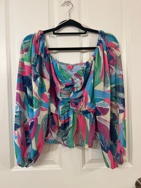 Flying Tomato Colorful Abstract Print Peasant Top - Pink, Teal & Blue